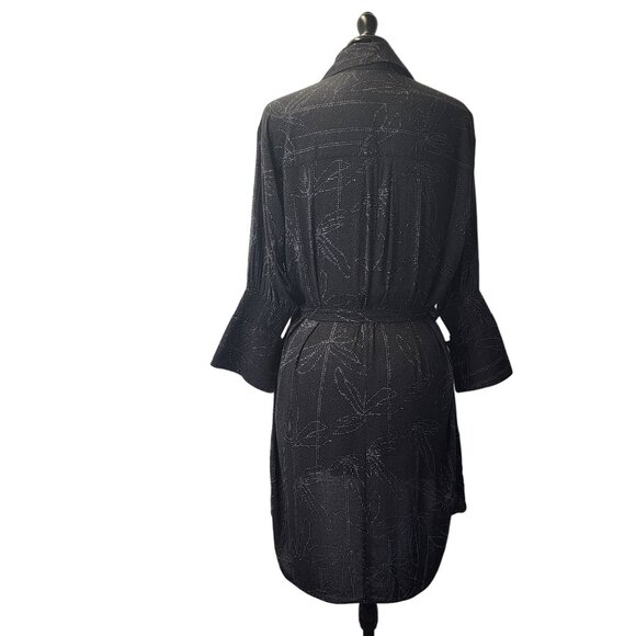 Halston Heritage Black & Silver Patterned Dress With Tie Waist & Flared Sleeves - Picture 2 of 16